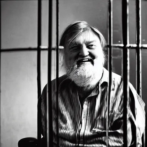 Image similar to laughing robert wyatt sitting in his wheelchair behind bars at a prison, photograph, 4 k