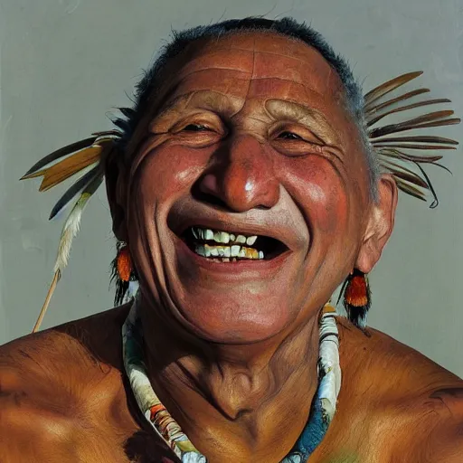 Image similar to high quality high detail painting by lucian freud, hd, portrait of a indigenous tribe leader laughing, photorealistic lighting