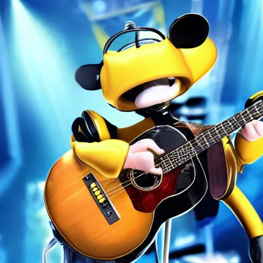 Image similar to bumblebee singing on stage with a microphone and acoustic guitar in an anime