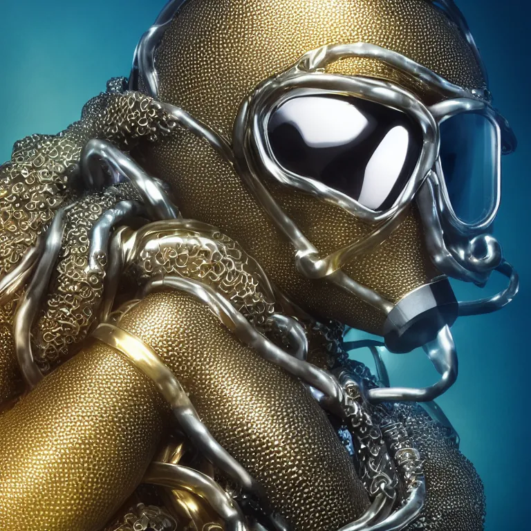 Image similar to octane render portrait by wayne barlow and carlo crivelli and glenn fabry, subject is a futuristic scuba diver with a shiny reflective silver metal helmet with colorful reflective goggles and covered in black ribbed rubber hoses, wrapped up in and completely covered by giant long shiny reflective golden octopus tentacles, cinema 4 d, ray traced lighting, very short depth of field, bokeh