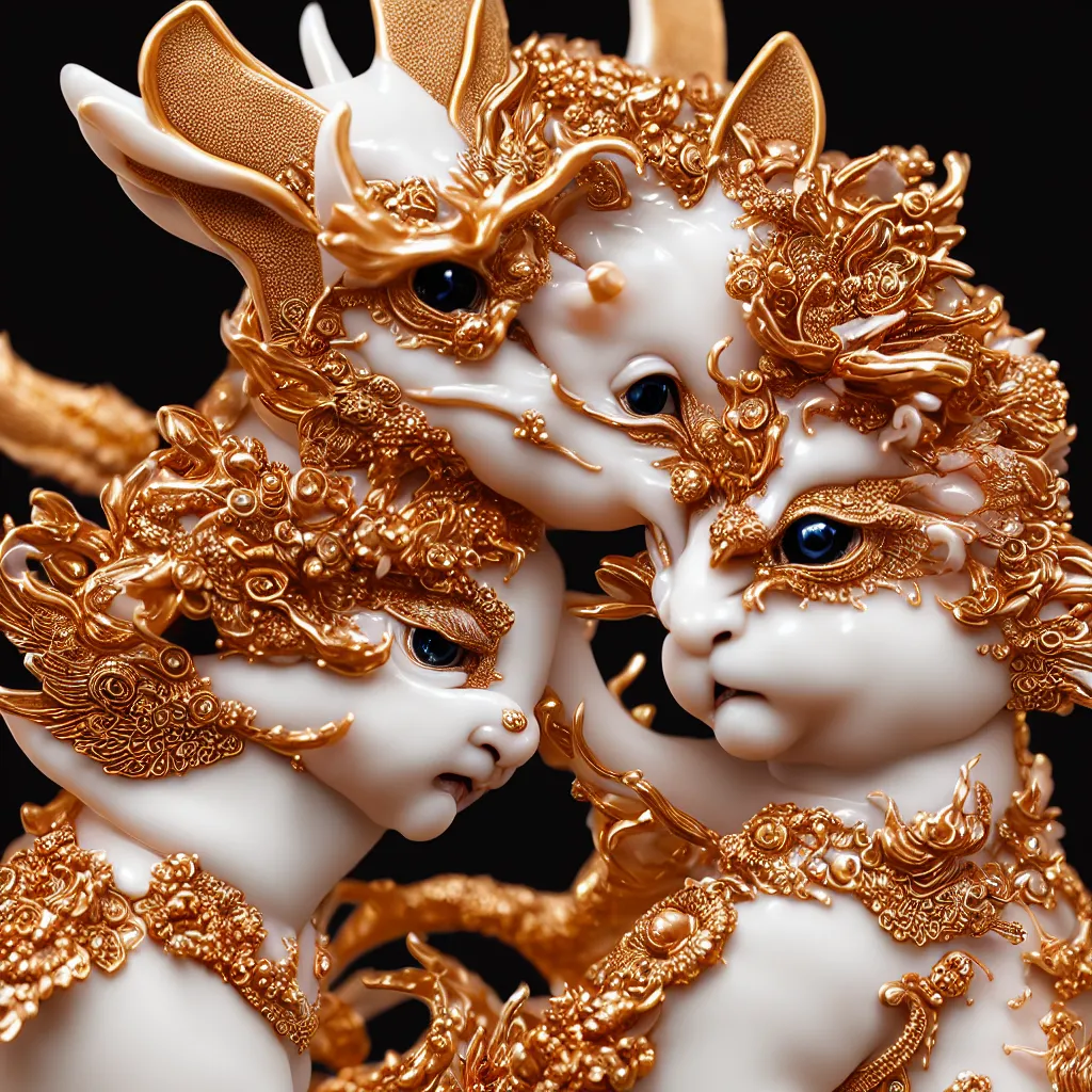 Prompt: a closeup photo - real delicate ceramic porcelain sculpture of an ornate detailed kitsune in front of an intricate background by rafael, micro detail, backlit lighting, subsurface scattering, translucent, thin porcelain, octane renderer, black and hot pink and gold jewelry, physically based rendering, trending on cgsociety