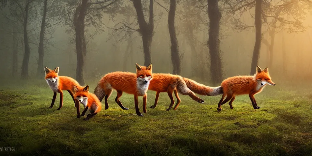 Image similar to family of foxes nearIdyllic pond, meadow, forest trail, blanket of fog, rain, volumetric lighting, beautiful, golden hour, sharp focus, ultra detailed, cgsociety