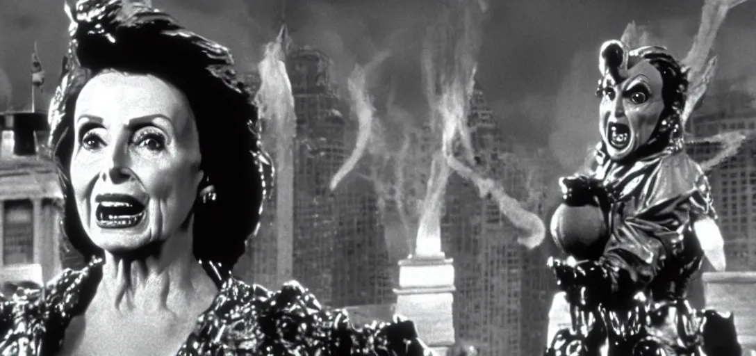 Image similar to film still of nancy pelosi as zuul in ghostbusters. on top of building with gargoyles at her side.