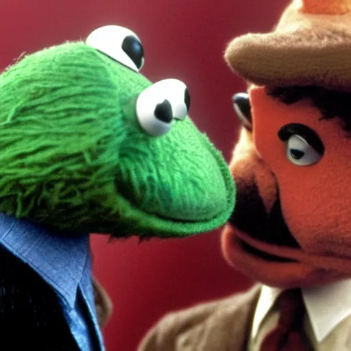 Image similar to Tom Selleck in the muppets with Kermit the frog