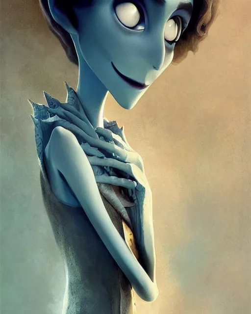 Image similar to elegant mysterious solemn desperate male victor van dort from the movie the corpse bride, portrait, illustration, the land of the death, rim light, top light, summer clear blue sky, perfectly shaded, soft painting, art by krenz cushart and wenjun lin