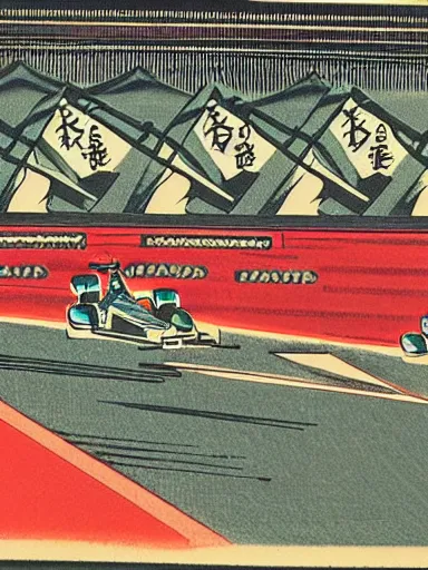 Image similar to japanese woodblock print of a formula 1 race