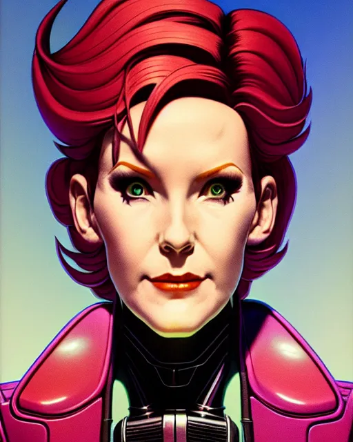 Image similar to moira from overwatch, character portrait, portrait, close up, concept art, intricate details, highly detailed, vintage sci - fi poster, in the style of chris foss, rodger dean, moebius, michael whelan, and gustave dore