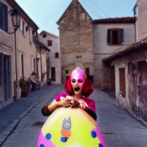 Image similar to 1976 glamorous middle aged woman wearing a transluscent inflatable toy head in a small European village 1976 French film archival footage technicolor film expired film 16mm Fellini new wave John Waters movie still