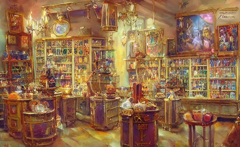 Image similar to Alchemy shop. By Konstantin Razumov, highly detailded