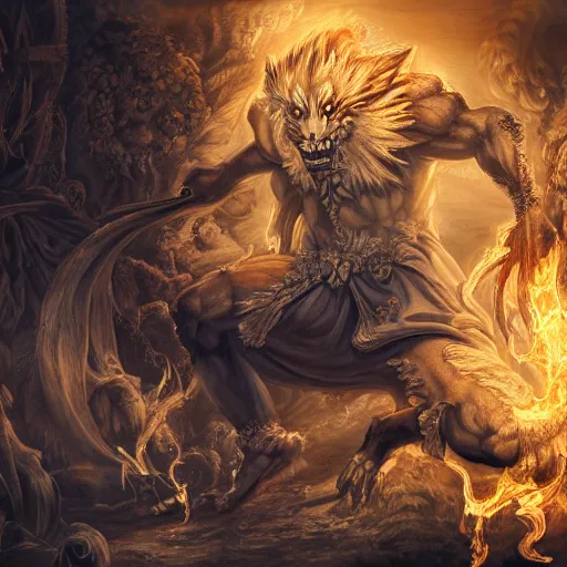 Image similar to A epic and beautiful rococo painting of a Werewolf using a burning laboratory. Castlevania style. ultra-detailed. Anime, pixiv, UHD 8K CryEngine, octane render