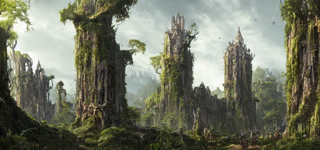 Image similar to gigantic palace-castle adorned pillars, towers, gnarly trees, lush vegetation, forrest, landscape, raphael lacoste, eddie mendoza, alex ross, concept art, matte painting, highly detailed, rule of thirds, dynamic lighting, cinematic, detailed, denoised, centerd