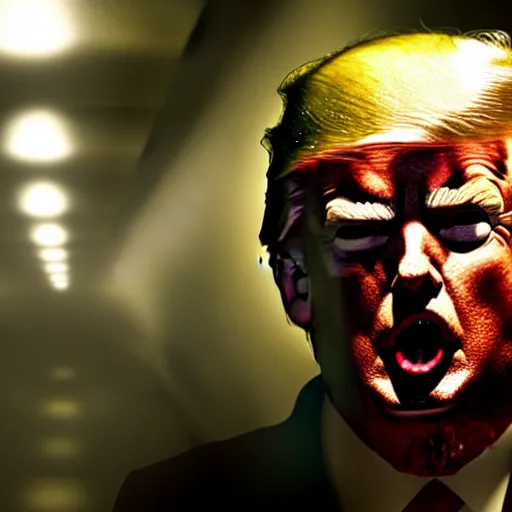 Image similar to donald trump as zombie in the walking dead. movie still. cinematic lighting