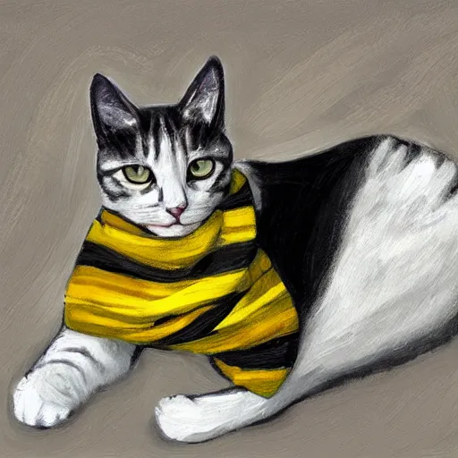 Prompt: oil painting extreme wide shot of a white and grey tabby cat wearing a black yellow striped hufflepuff scarf, in the Gloucester Cathedral cloisters, digital painting, high detail, award-winning, playful