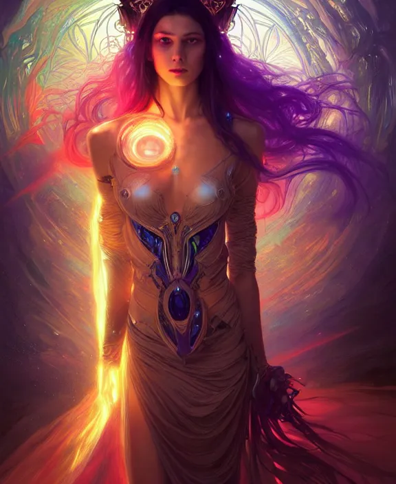 Image similar to a whirlwind of souls rushing inside the metaverse, half body, glowin eyes, tiara with sapphire, pharaoh, android, cyberpunk, d & d, fantasy, intricate, elegant, highly detailed, colorful, vivid color, digital painting, artstation, concept art, art by artgerm and greg rutkowski and alphonse mucha and ruan jia