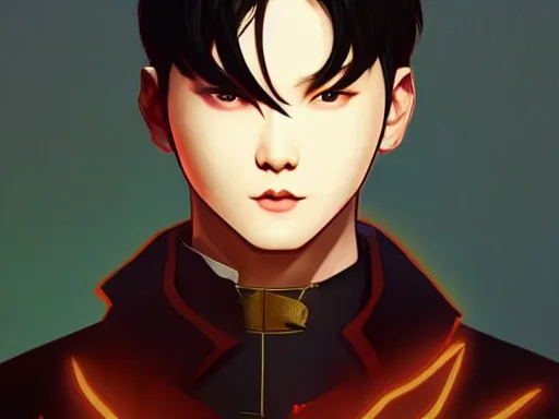Prompt: portrait MIN YOONGI is ZUKO, night time, dynamic lighting , looking at his FIRE SCAR reflection, +++ super super super dynamic posing, J.C LEYENDECKER, thick eyebrows, super DYNAMIC serious facial expression