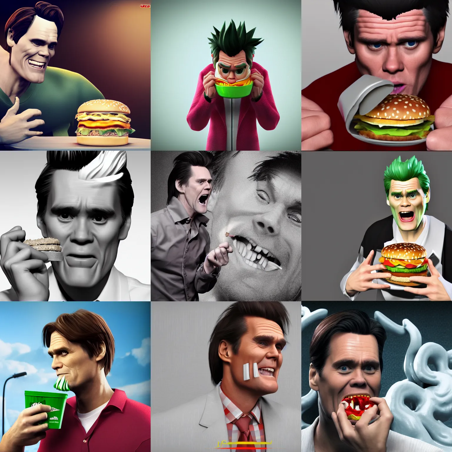 Prompt: jim carrey eating a big mac, an ambient occlusion render by gatoken shunshi, pixiv, sots art, glitchy, hd mod, genderless