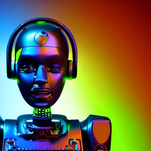 Prompt: a glossy claymodel of a atompunk aztec futurism robot head with glowing headphones, 8 k, symetrical, flourescent colors, halluzinogenic, multicolored, very detailed, black background, 3 d render,