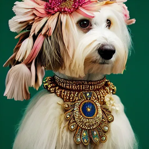 Prompt: cream - colored havanese dog wearing an ornate african necklace, a large headpiece made from flowers, soft light colored background, intriguing pose, magazine fashion photo by annie leibovitz