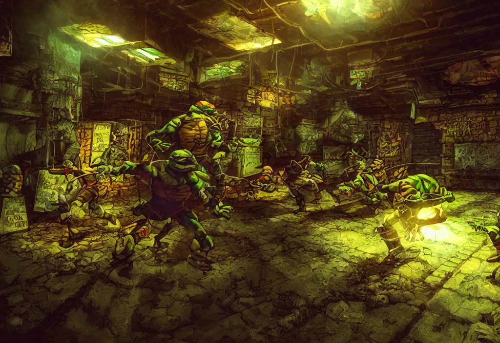 Image similar to tmnt sewer lair, dynamic lighting, mysterious, emotional, ray tracing, vivid colors, octane render