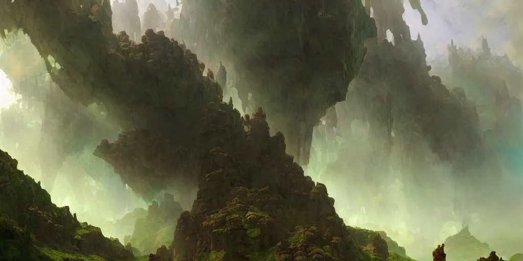 Prompt: bytopia planescape huge cave ceiling clouds made of green earth towns, villages castles, buildings inverted upsidedown mountain artstation surreal dreamlike inception illustration sharp focus sunlit vista painted by ruan jia raymond swanland lawrence alma tadema zdzislaw beksinski norman rockwell tom lovell alex malveda greg staples