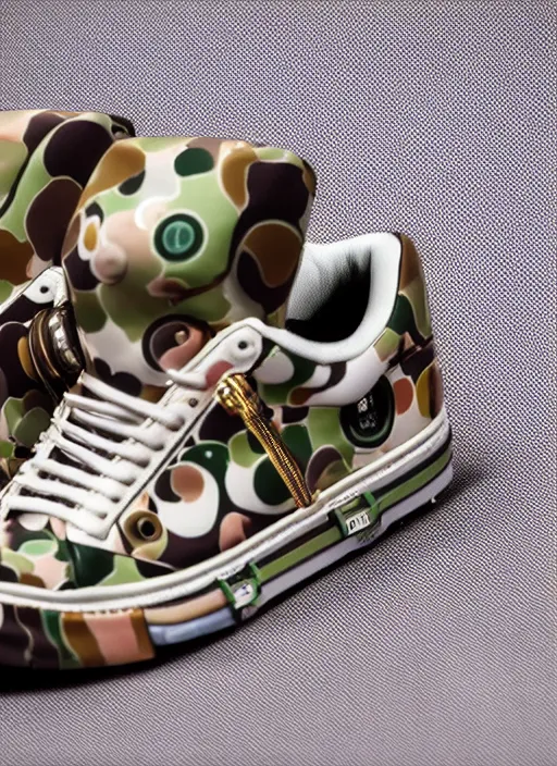 Image similar to hyperrealistic and heavy detailed product photo bape avant garde shoe of movie the fifth element, in front of white back drop, whole shoe is in picture, leica sl 2 5 0 mm, vivid color, high quality, high textured, real life
