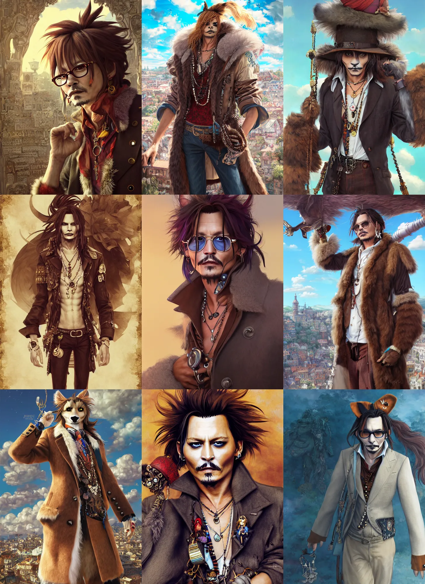 Prompt: furry fursona, full body character portrait of johnny depp with gorgeous detailed eyes in the marketplace in the sky, color page, tankoban, 4 k, tone mapping, doll, akihiko yoshida, james jean andrei riabovitchev marc simonetti, yoshitaka amano, long hair, curly, h. hydrochaeris