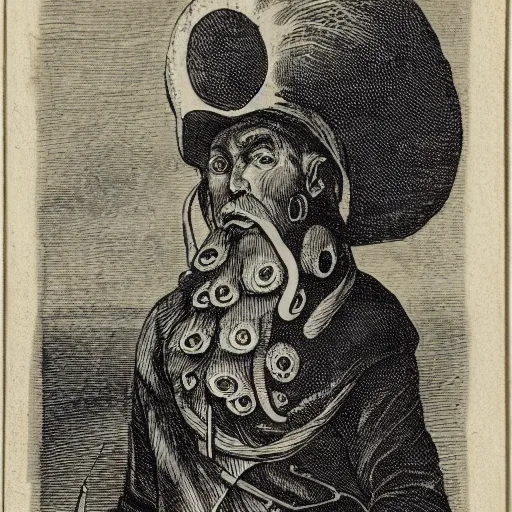 Prompt: A colonial soldier with an octopus head, engraving, ink, black and white, 17th century