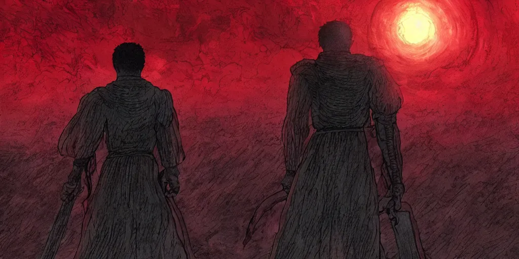 Image similar to guts from berserk standing in front of a grave during a crimson red rain, mourning the deaths of his comrades at dusk, 8k, devianart, depressive colors, cinematic