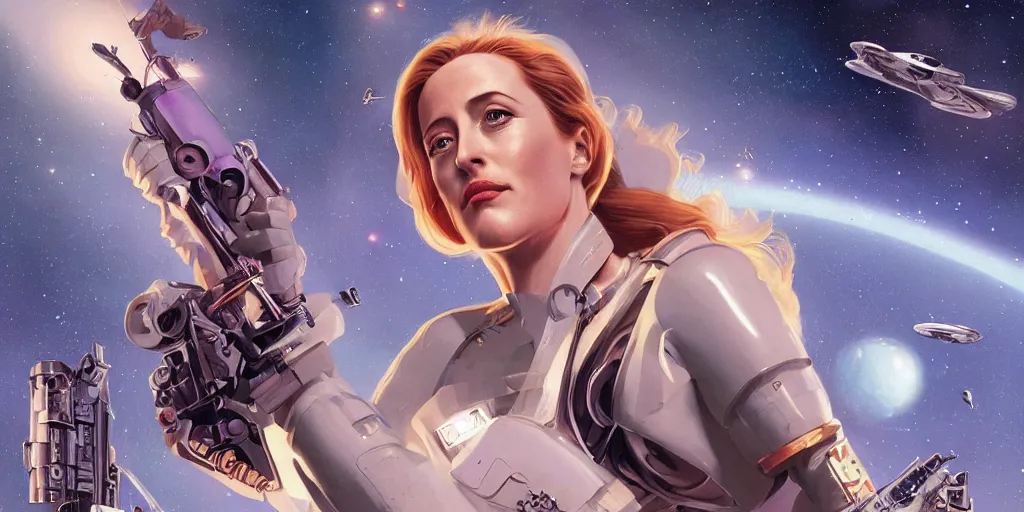 Image similar to Young Gillian Anderson as a stunning , beautiful retro SCI-FI space heroine 1985 , movie poster, intricate, elegant, highly detailed, centered, digital painting, trending on artstation, concept art, smooth, sharp focus, illustration, art by raphael lacoste ,eddie mendoza ,alex ross, WLOP