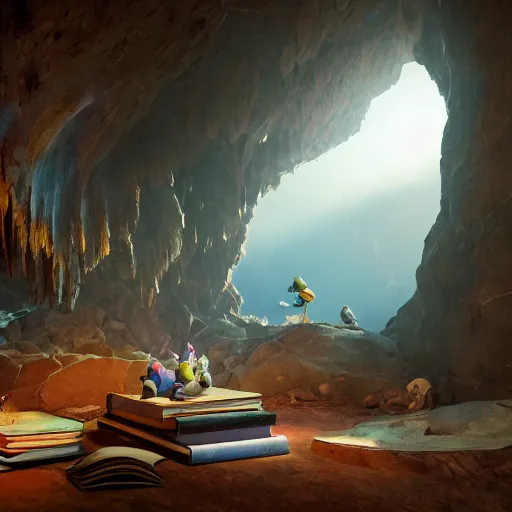 Image similar to cave full of books, 3 d render, incredible details, highly detailed, photorealistic, disney pixar, smooth, octane render, iridescent, 8 k