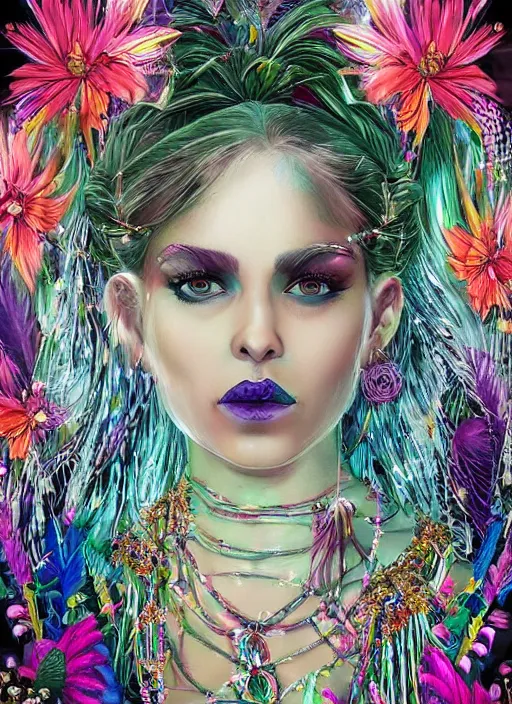 Image similar to beautiful portrait of a witch goddess wearing fantastic dress,embellished beaded feather decorative fringe knots ,colorful pigtail,subtropical flowers and plants,perfect symmetrica body shape,symmetrical face,intricate,elegant,highly detailed,8k,post-processing,digital painting,trending on pinterest,harper's bazaar,concept art, sharp focus, illustration, by artgerm,Tom Bagshaw,Lawrence Alma-Tadema,greg rutkowski,Alphonse Mucha,golden ratio