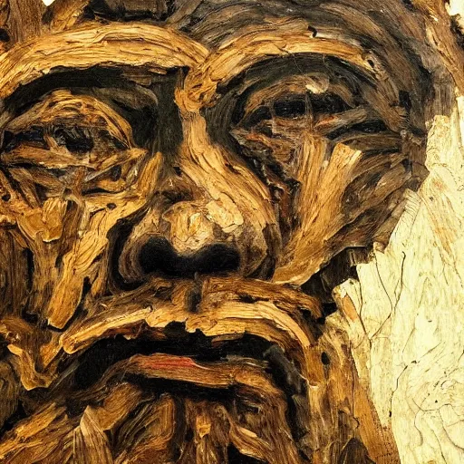 Image similar to A painting of an oak tree, with the face of an old bearded man, close up portrait of a human face made out of bark in a tree