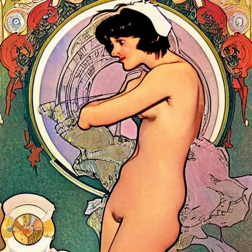 Image similar to Betty Page taking a bath, sharp focus, illustration, art by alphonse mucha