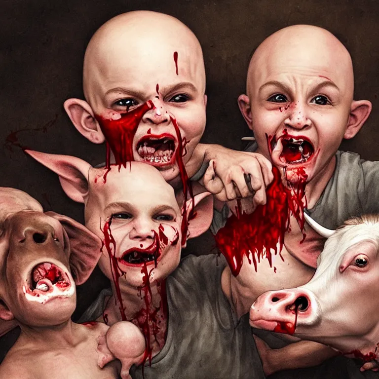 Prompt: bald kid gathering blood from the mouth of a 3 headed demon cow, realistic