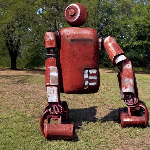 Image similar to rusty robot sitting by a tree, auction catalogue photo