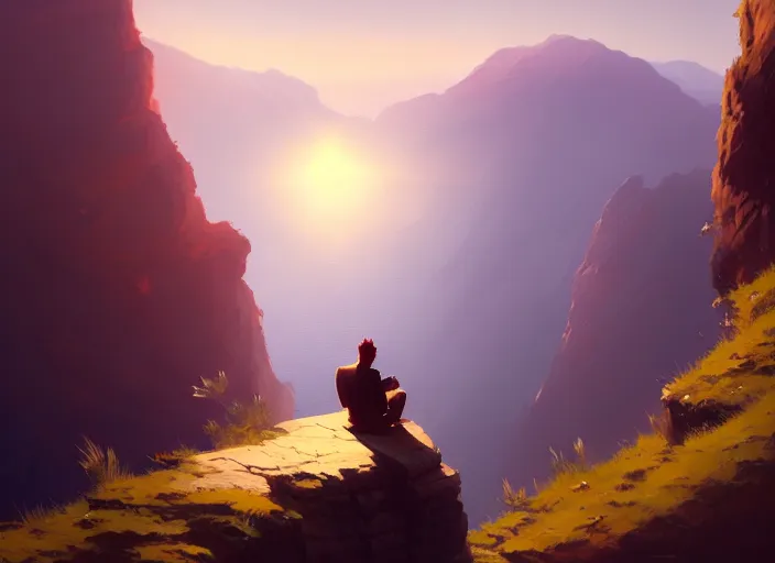 Prompt: a man sitting on a cliff watching the sun shining bright, painting, digital art, harsh lighting, trending on art station, art by greg rutkowski and andreas rocha, 8 k