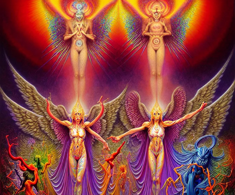 Prompt: realistic detailed image of a friendly figures of psychedelic gods, angels and demons made of light dancing in the outer 5th dimensional field by Alex Grey, by Ayami Kojima, Amano, Karol Bak, Greg Hildebrandt, and Mark Brooks. rich deep colors. Beksinski painting, part by Adrian Ghenie and Gerhard Richter. art by Takato Yamamoto. masterpiece