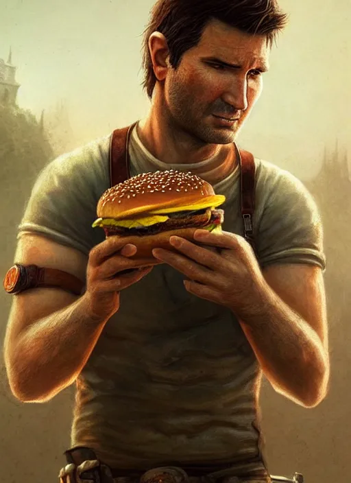 Image similar to Portrait of Nathan Drake with elven ears eating a cheeseburger, realistic, detailed, 4k by Greg Rutkowski Mark Arian trending on artstation