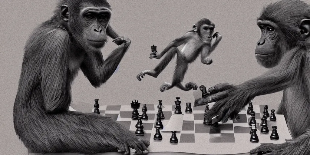 Prompt: a monkey winning a chess game to a human, hyper detailed, hyperrealistic