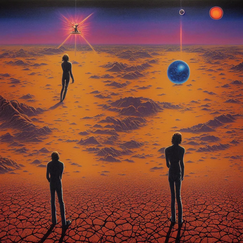 Image similar to high detailed lone person looking to its dying planet on a progressive rock 70s 80s album cover style by Barry Godber, psychedelic, oil paint on canvas, moebius, incal, realistic art, evangelion third impact inspired, Eliran Kantor, sand and desert environment, Eloy band, cinematic, unreal engine, high quality, eerily beautiful, cgsociety, 4K, UHD, Zdzisław Beksiński, by George Caleb Bingham and Donato Giancola and Bob Eggleton, trending on ArtStation, dune, pulp magazines cover art