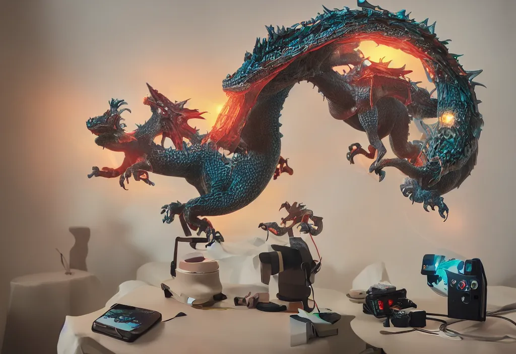 Image similar to 3 d dragon popping out of curved movie, volumetric lighting, bedroom, visor, users, pair of keycards on table, bokeh, creterion collection, shot on 7 0 mm, instax