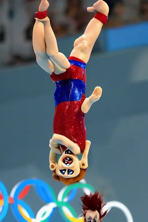 Prompt: screaming chucky doll performing a perfect 1 0 dive at olympics