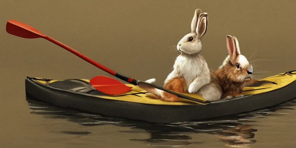 Prompt: a rabbit paddling a kayak, in the style of Zorn