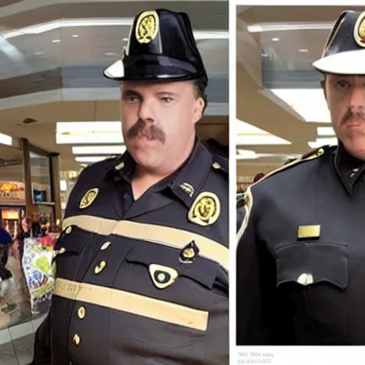 Prompt: weird al yankovich mall cop finds counterfeit good and sniffs vanilla seeds, photograph, news report