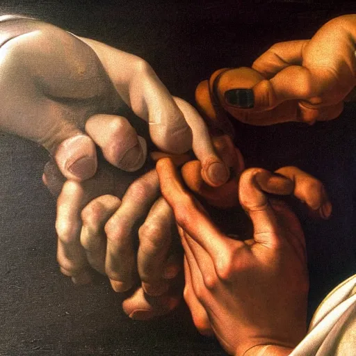 Prompt: closeup of hands in prayer, chiaroscuro caravaggio style, oil painting, renaissance