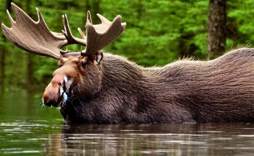 Prompt: moose hybrid beaver head antlers, tail, rodent, teeth, drinking at a lake, photorealistic, photography, nature, forest, wildlife