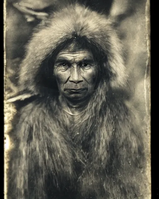 Prompt: vintage denisovan selfie photo, frowning