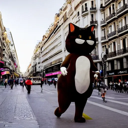 Prompt: A giant cat is walking through Gran Via in Madrid