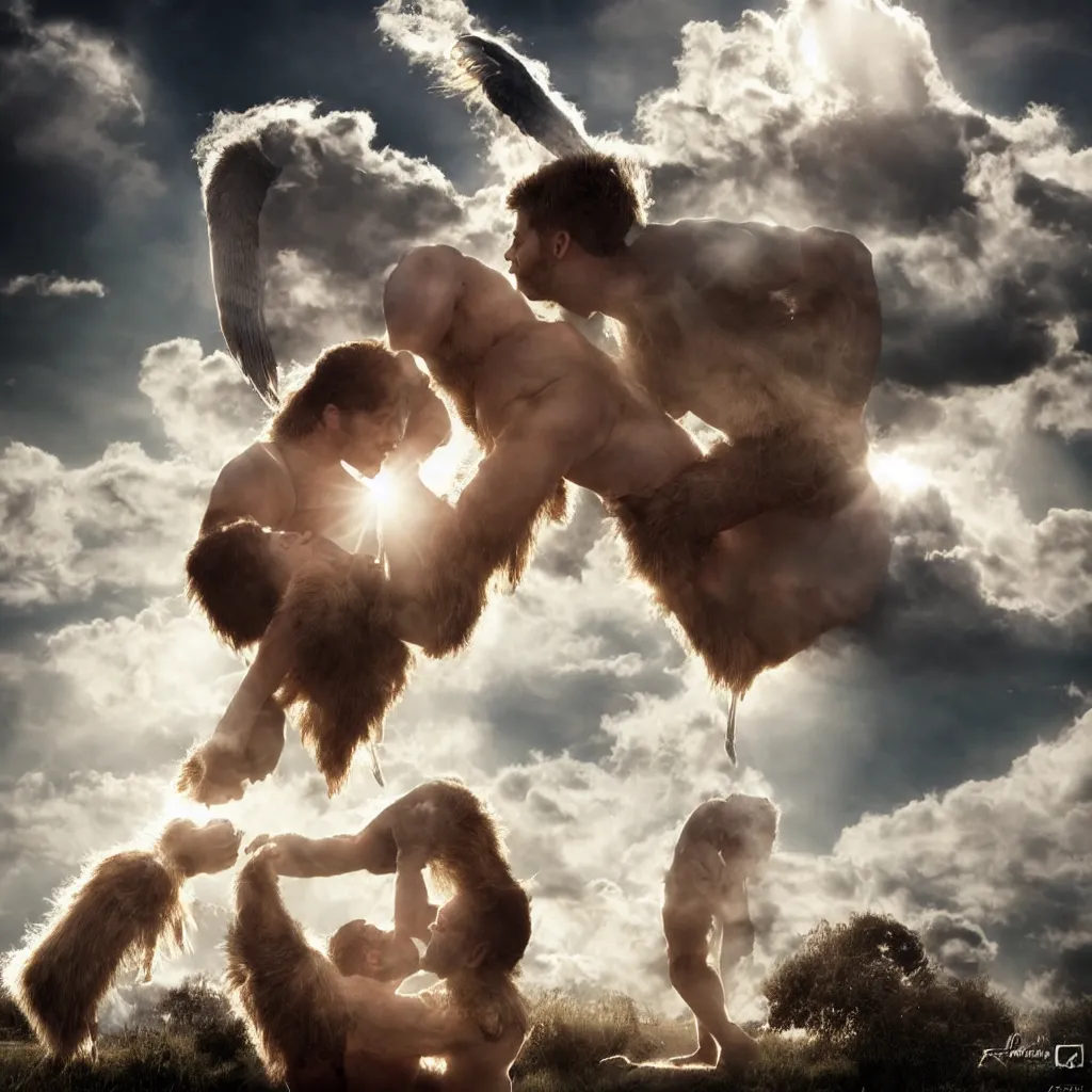 Image similar to hairy strongman angels kissing in the sky, photography, sunrays, clouds, high resolution, highly detailed, epic