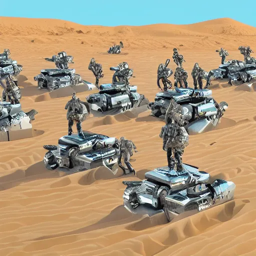 Image similar to army of army of metallic robots in desert, raytracing, 5 5 mm